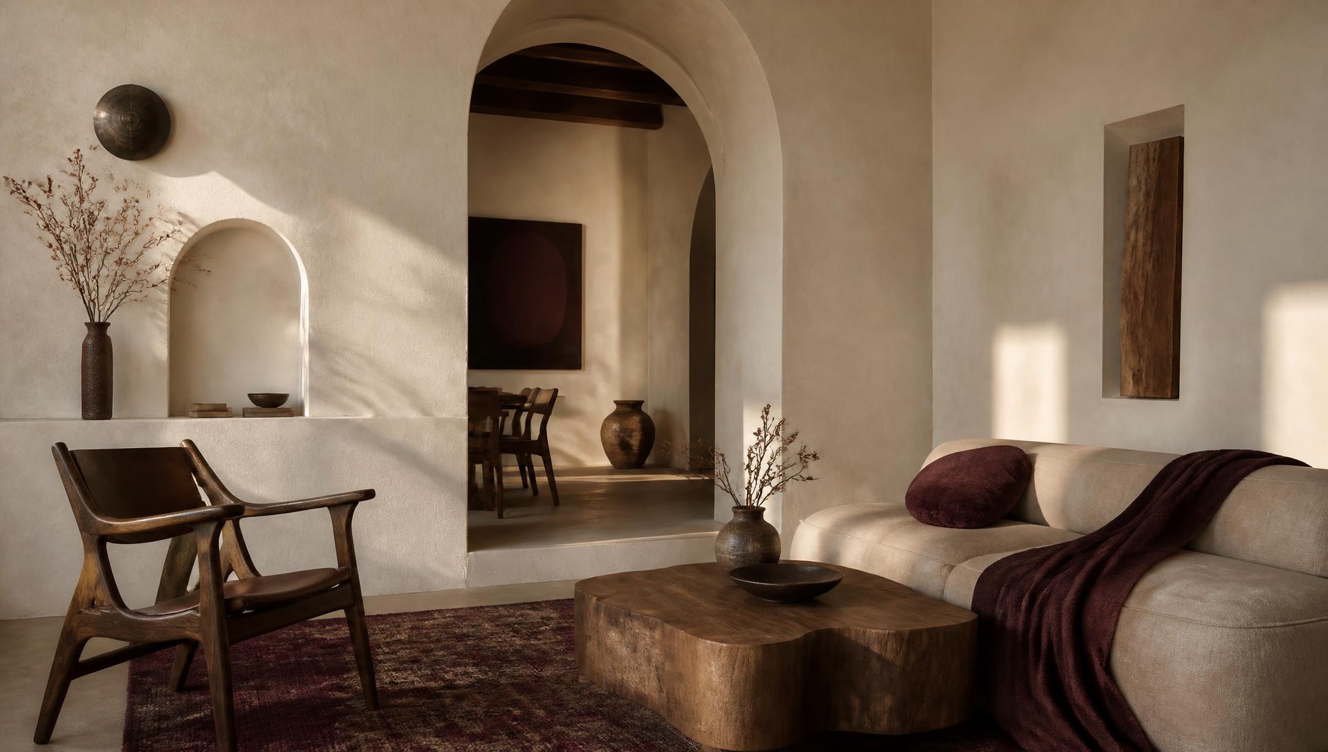 Intérieur MODARNA, lumière du soir sur un mur en plâtre
